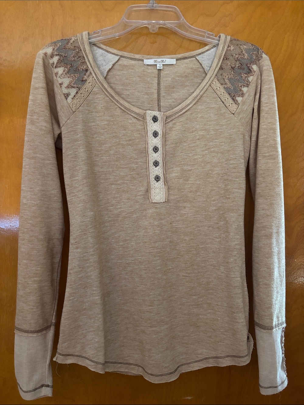Miss Me, Neutral Tan Long-Sleeve Henley Top with Embroidered Shoulders